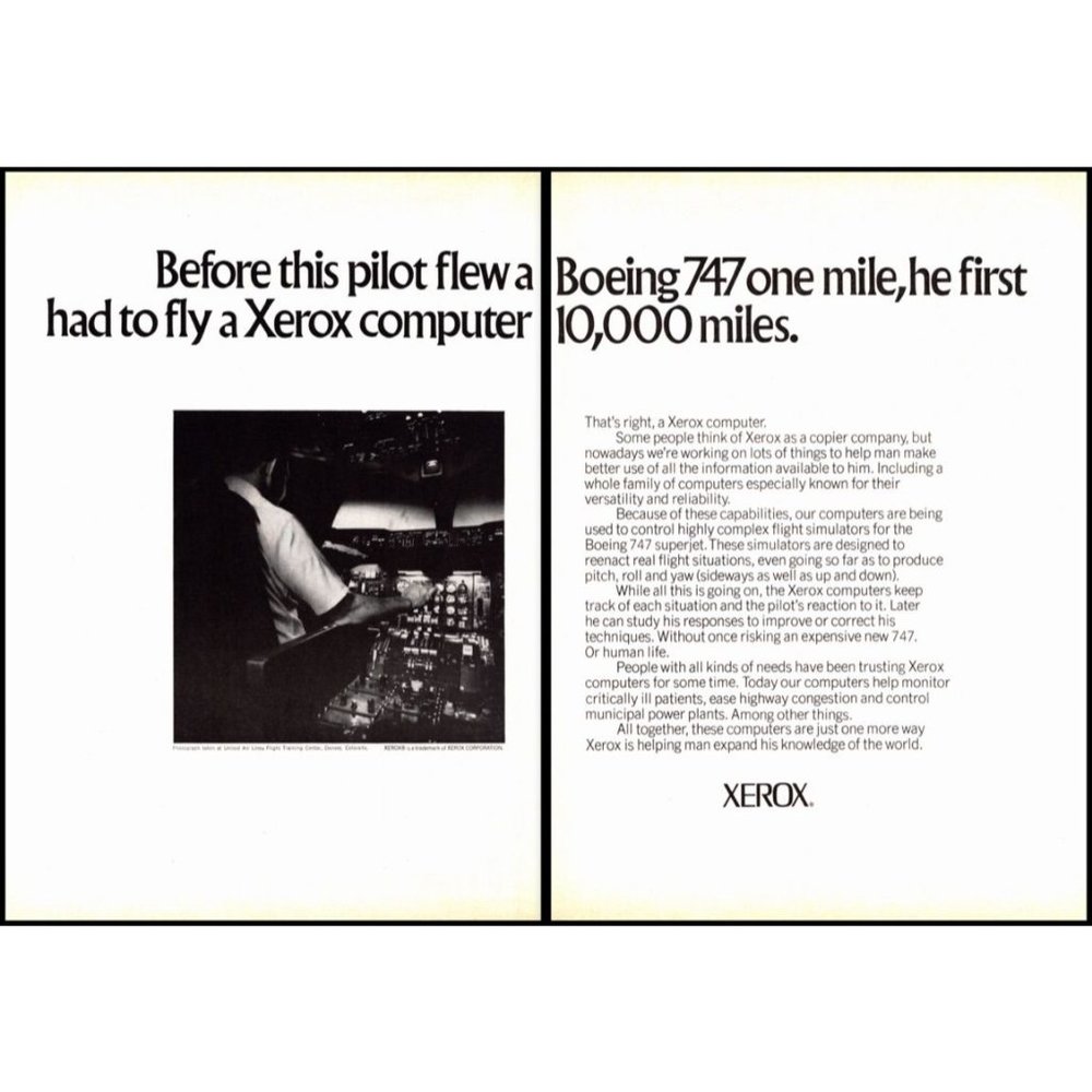 1972 Xerox Computer Boeing 747 Simulator 2 Page Vintage Print Ad Cockpit Photo